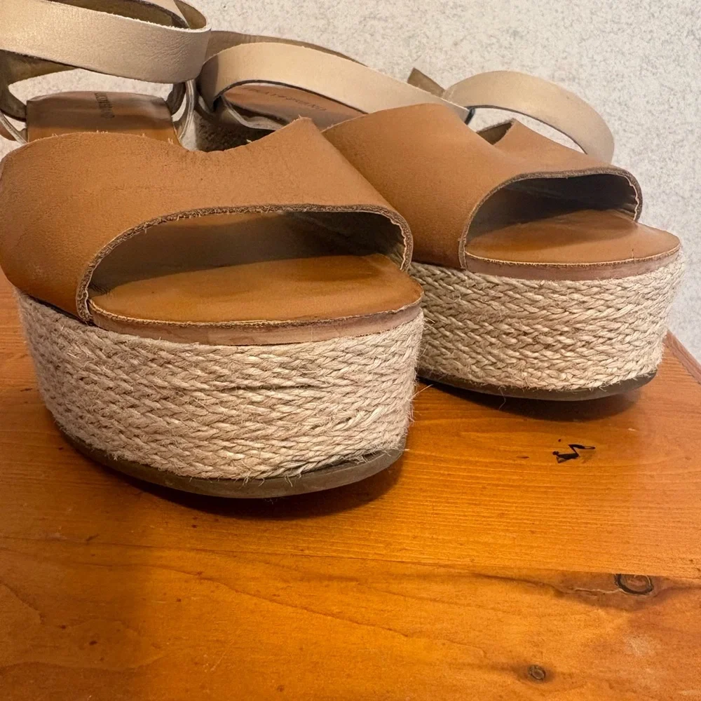 Lucky Brand Ginny Women's Tan Leather Espadrille Platform Sandals heel size 11